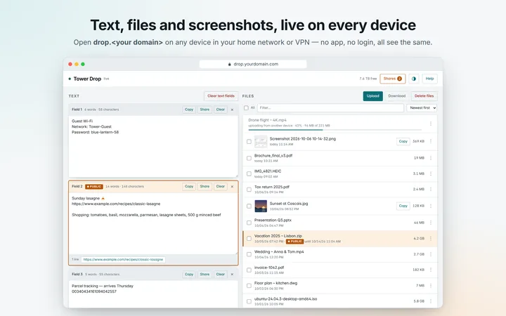 Text, files and screenshots